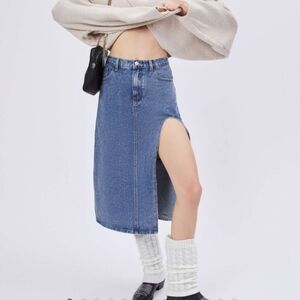 CIDER High-Waist, A-line With High side slit design Denim Midi Skirt!